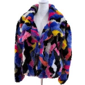 Womens Multi Color Faux Fur Shaggy Jacket Abstract Large Whimsy Colorful Artsy
